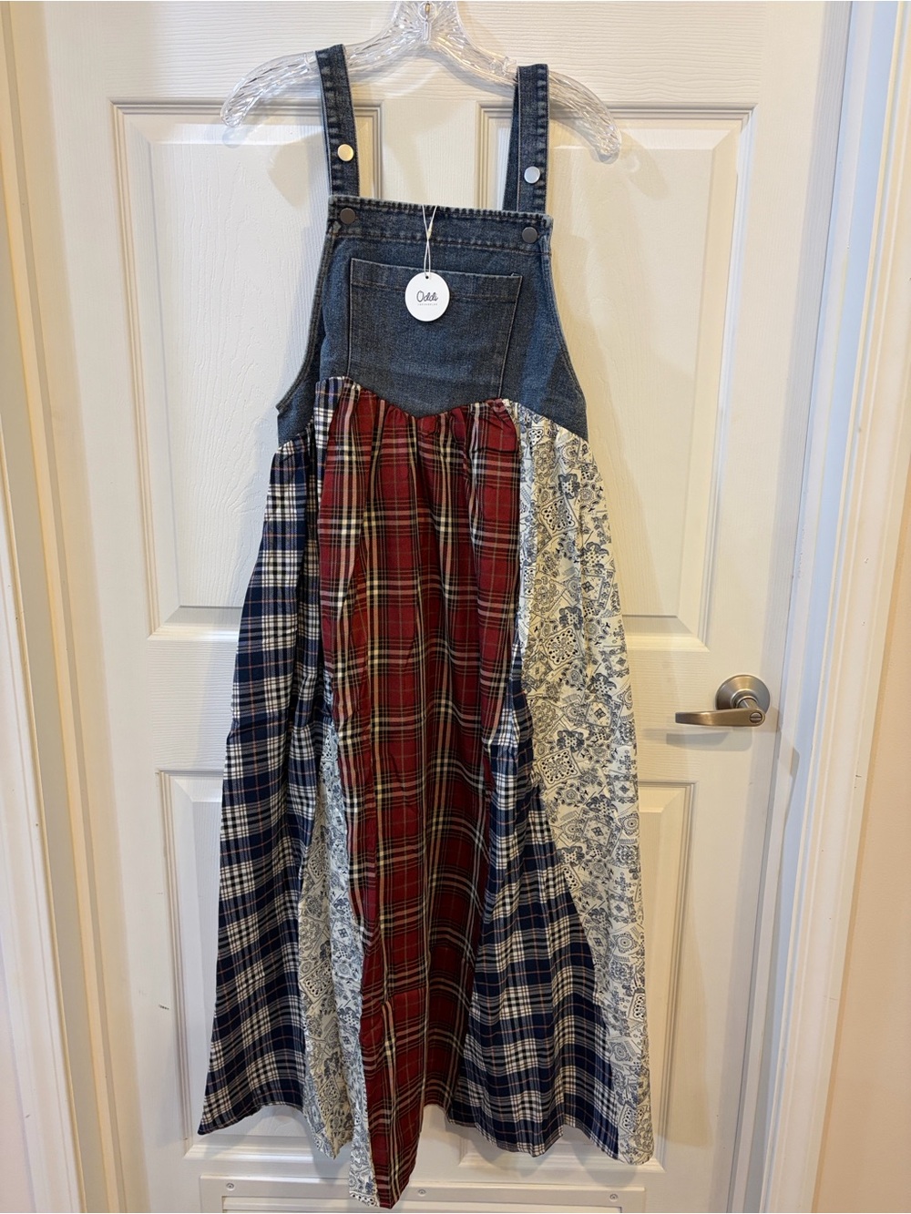 Oddi Patchwork Plaid & Floral Maxi Jumper Dress Denim Bib, Red & Navy Plaid NWT